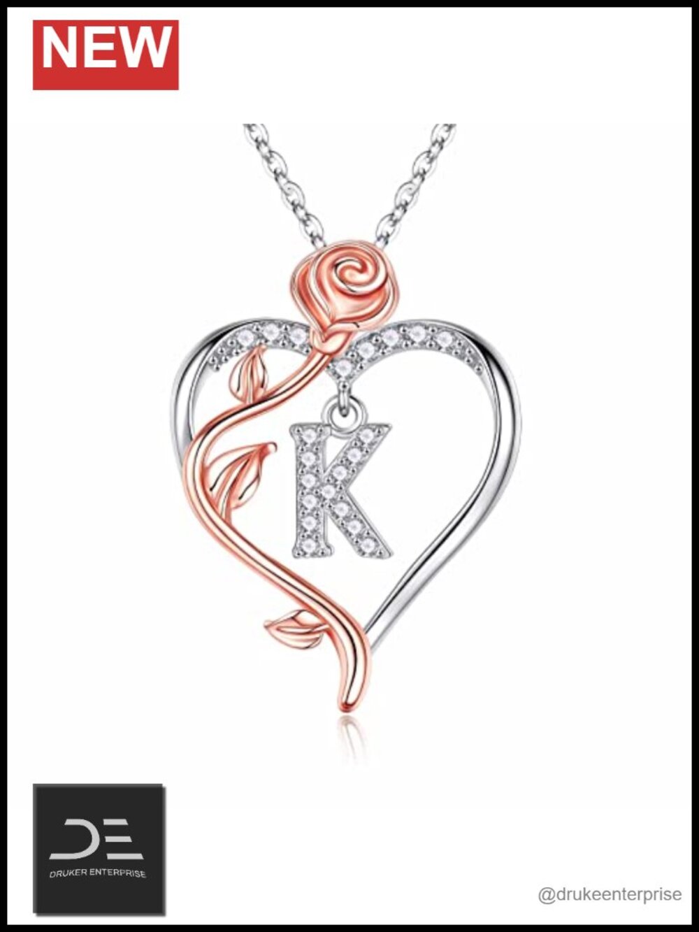 Rose Heart Initial Necklace 925 Sterling Silver Pendant Women Gift Fine Jewelry